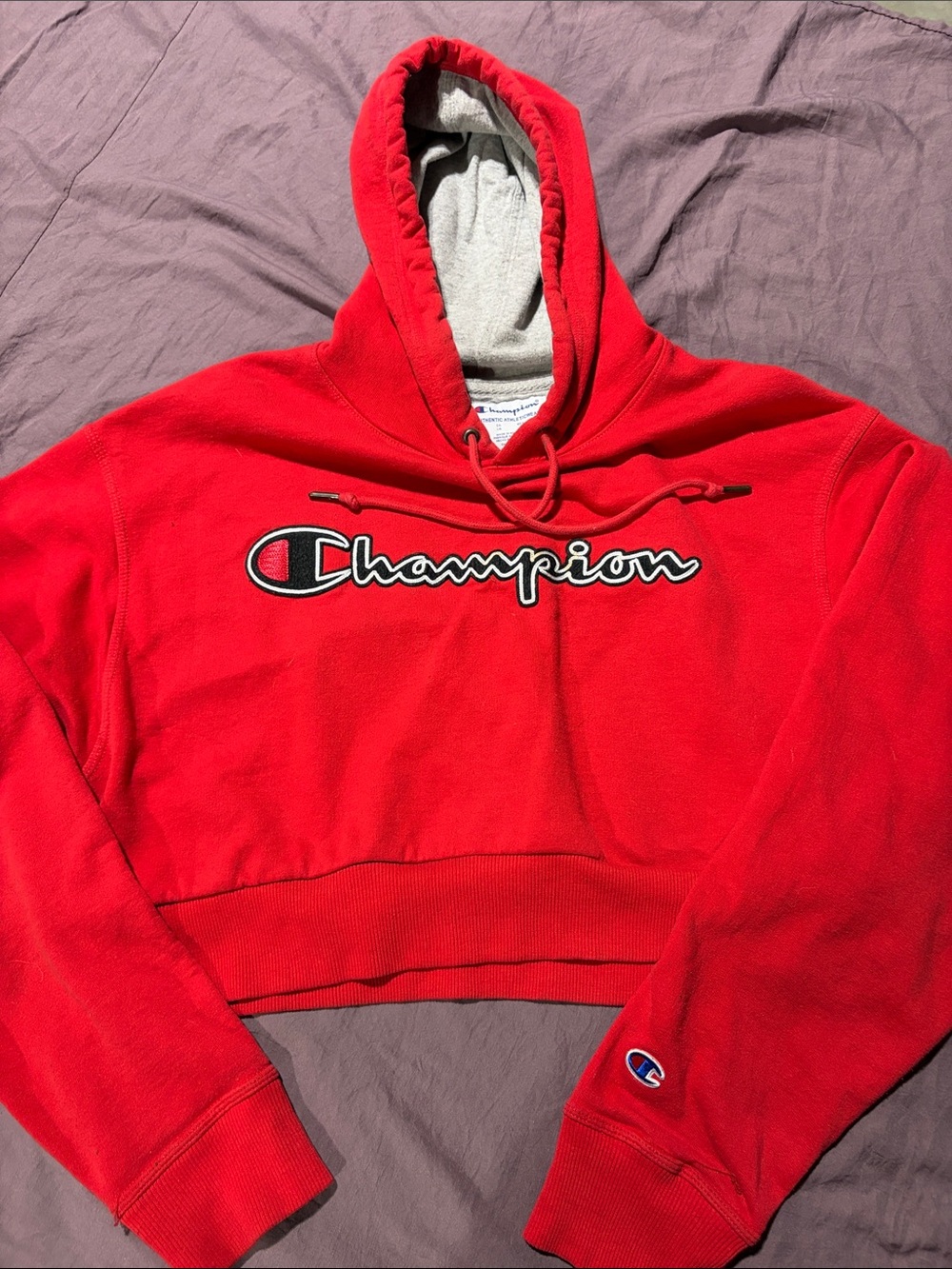 Champion Red Custom Cropped Hoodie with Script Logo